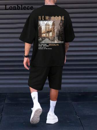Lonblece 2 Pcs/Set Men Printed Short Sleeve T-Shirt With Breathable Shorts, Casual Street-Style Outfit, Suitable For Spring/Summer