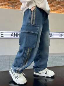Jeans en denim pour adolescent, printemps et automne, nouveau design, pantalon cargo multi-poches pour enfants et adolescents, pantalon droit ample avec imprimé pour garçons