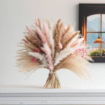 55/75pcs Pink Heart Pampas Grass Bouquet - Versatile Rattan Tabletop Decor, Suitable For Home Aesthetics, Perfect For Valentine's Day, St. Patrick's Day, Easter, Spring Celebrations - No Electricity Or Batteries Needed, Lasting Beauty, Bouquet Decor Gifts Birthday Graduation,Fall Decor,Autumn,Fake Plants