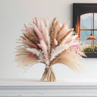 55/75 piezas Ramo de Pampas Grass en forma de corazón rosa - Decoración de mesa versátil de ratán, adecuado para la estética del hogar, perfecto para el Día de San Valentín, el Día de San Patricio, Pascua, celebraciones de primavera - No se necesita electricidad ni baterías, belleza duradera, regalos de decoración de ramos, cumpleaños, graduación, decoración de otoño, otoño, plantas falsas