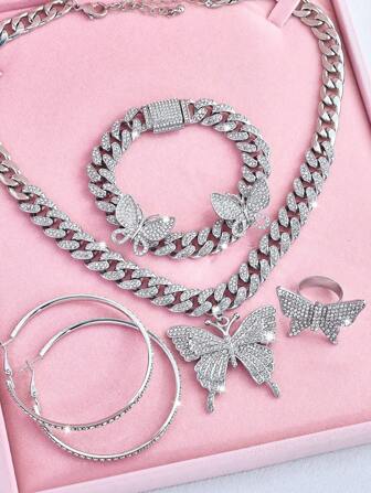 1 Set Elegant Luxury Butterfly Embellished Blingy Rhinestone Jewelry, Perfect Valentine's Day-Christmas Gift For Men & Women,Mom,Mother,Mother's Day,Gift