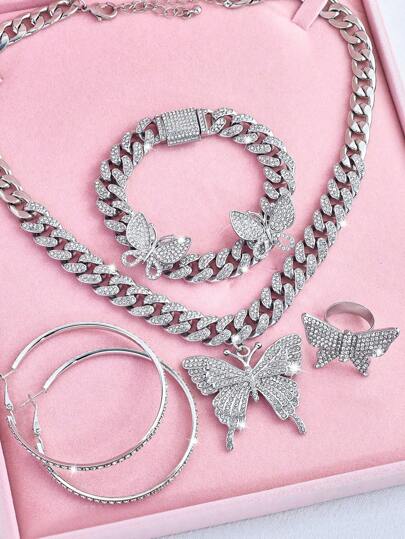 1 套优雅奢华蝴蝶装饰闪亮水钻首饰，适合男士和女士、妈妈、母亲、母亲节、礼物的完美情人节-圣诞节礼物