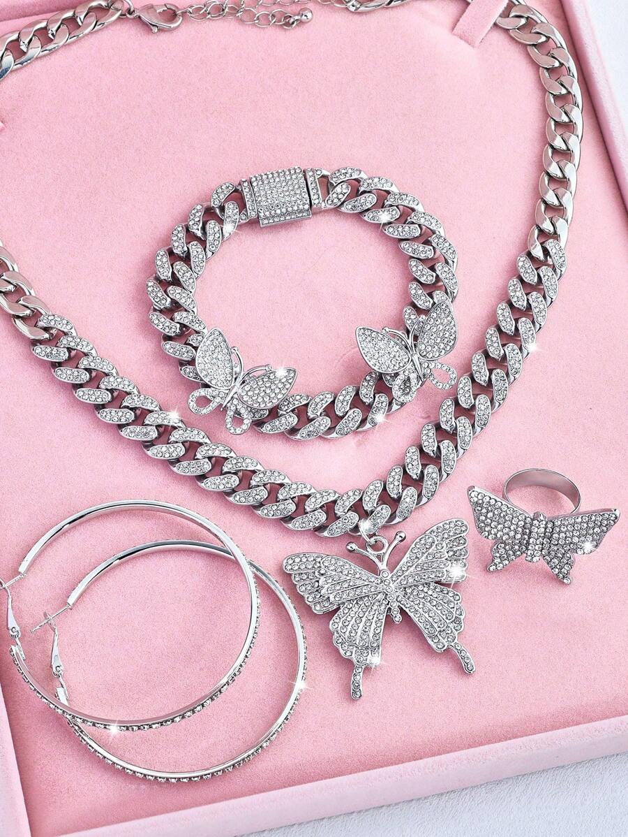1 套优雅奢华蝴蝶装饰闪亮水钻首饰，适合男士和女士、妈妈、母亲、母亲节、礼物的完美情人节-圣诞节礼物