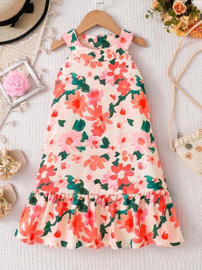 Young Girl Ditsy Floral Sleeveless Casual Dress, Outdoor Mid-Length Loose Elegant Holiday Mermaid Hem Halter Dress