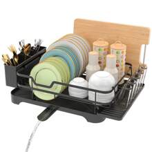 E-MANIS Dish Drainer,Single Layer Tableware Dish Rack,With Drip Tray,Dish Drying Rack With Removable Cutlery Holder,Sink Drainer Rack For Kitchen, Black
