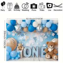 One Year Old Blue Balloon Happy Birthday Backdrop Bear Balloon Arch Cloud Design First Birthday Party Cake Table Decoration Banner Shower Party Portrait Photography Props Vinyl