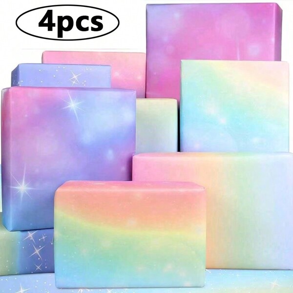 4 Stücke/Set bunte Regenbogendesign Geschenkpapiere, Geburtstagsggeschenkpapier, 4 Designs, geeignet für Frauen, Feiertag Party Dekorationen Geschenkpapierset, Weihnachten