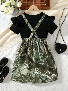 Conjunto de 2 peças/conjunto de meninas adolescentes casuais, elegantes, confortáveis, camuflagem digital, estilo utilitário, vestido com fivela de bronze + conjunto de camiseta preta de malha canelada, manga curta e gola redonda, para uso diário, primavera/verão - Preto - Ver 2