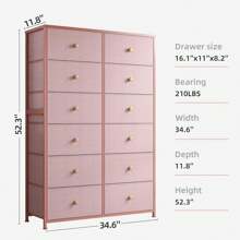 Pink Dresser For Bedroom 12 Drawer Dresser With Wooden Top & Metal Frame Tall Dressers For Bedroom Dressers & Chest Of Drawers For Bedroom,Closet,35" L X 12" W X 52" H Pink - Pink - View 11
