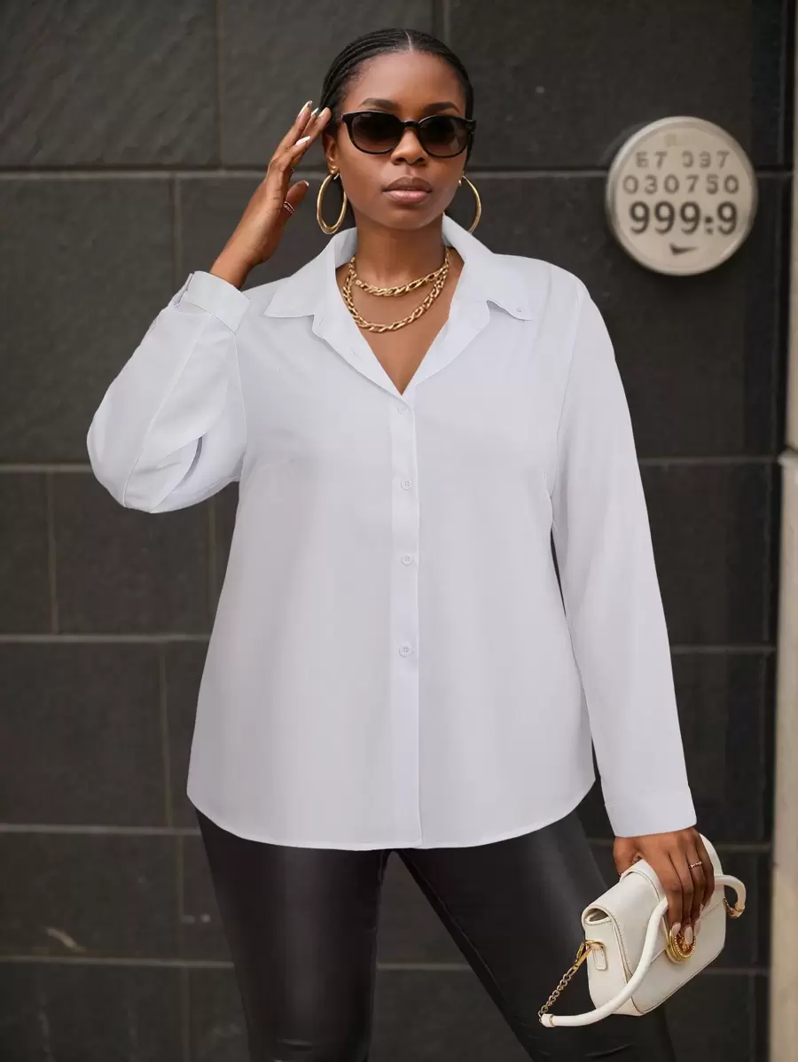 大码纽扣式白色长袖衬衫女式休闲