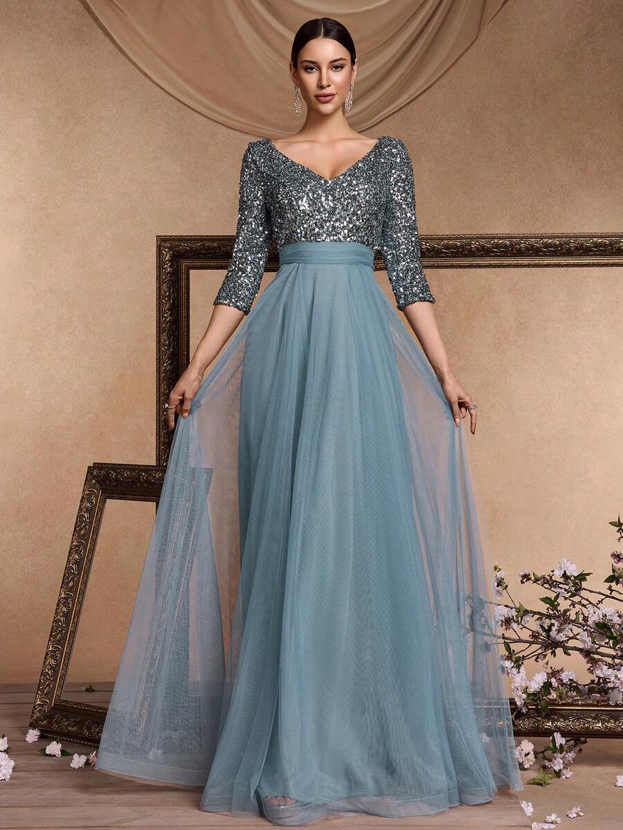 Đầm dạ hội XUIBOL dáng chữ A tay dài cổ chữ V sang trọng với viền lưới đính sequin phối màu tương phản, đầm dự tiệc thanh lịch dành cho nữ, đầm cocktail tay dài, thích hợp cho các dịp trang trọng như đám cưới, dạ hội, lễ tốt nghiệp và tiệc tối.