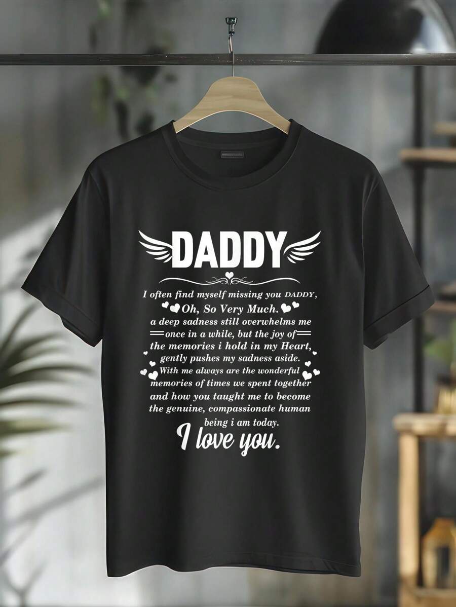 Daddy In Heaven Memory Of My Dad Papa Grandpa T-Shirt Short Sleeve T-Shirt Women's Men's Graphic Tee Causal Tops - 黑色 - 查看 1