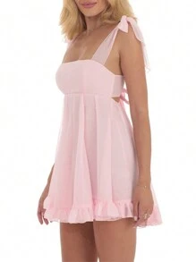 Women Spaghetti Straps Mini Dress Striped/Floral Print Sleeveless Backless Club Party Short Dress - Hồng - Xem 3