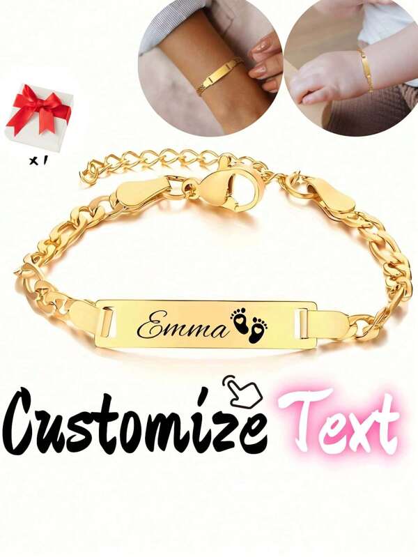 Customized Bracelet - Extraordinary Stainless Steel Personalized Footprint Tags - Luxury Minimalist Design - Personalized Father's Day Gift To Give To Friends And Family - Multifunctional Linked Loop Suitable For Daily Wear, Fashionable, Modern, Customized, Personalized, Unique, Ideal Gift For Him, Her, Boyfriend, Girlfriend, Dad, Mom, Family, Friends, Anniversary, Valentine's Day, Mother's Day, Birthday, Father's Day, Graduation, Wedding, Housewarming, Restaurant, Living Room, School, Valentine's Day Decor