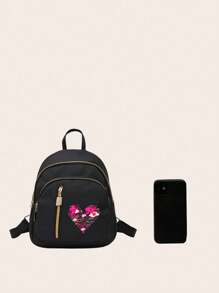 Printed Letter Valentine's Day New Craft Simple Versatile Backpack, Women Solid Color Nylon Material College Style Casual Ladies Bag - Black - View 4