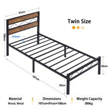 VECELO Single Size Bed Frame With Wooden Headboard, Steel Slat Support, Modern Platform Bed, Easy Assembly - Brown - View 7