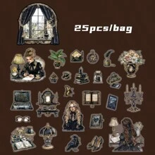 25 stuks/zak stickerpakket, zwarte wereldserie, retro donker kasteel thema PET-stickers, plakboekbenodigdheden, decoratief notitieboek fotolijst mobiele telefoonhoesje waterbeker vuilnis tijdschrift briefpapier doos DIY gepersonaliseerde collagestickers