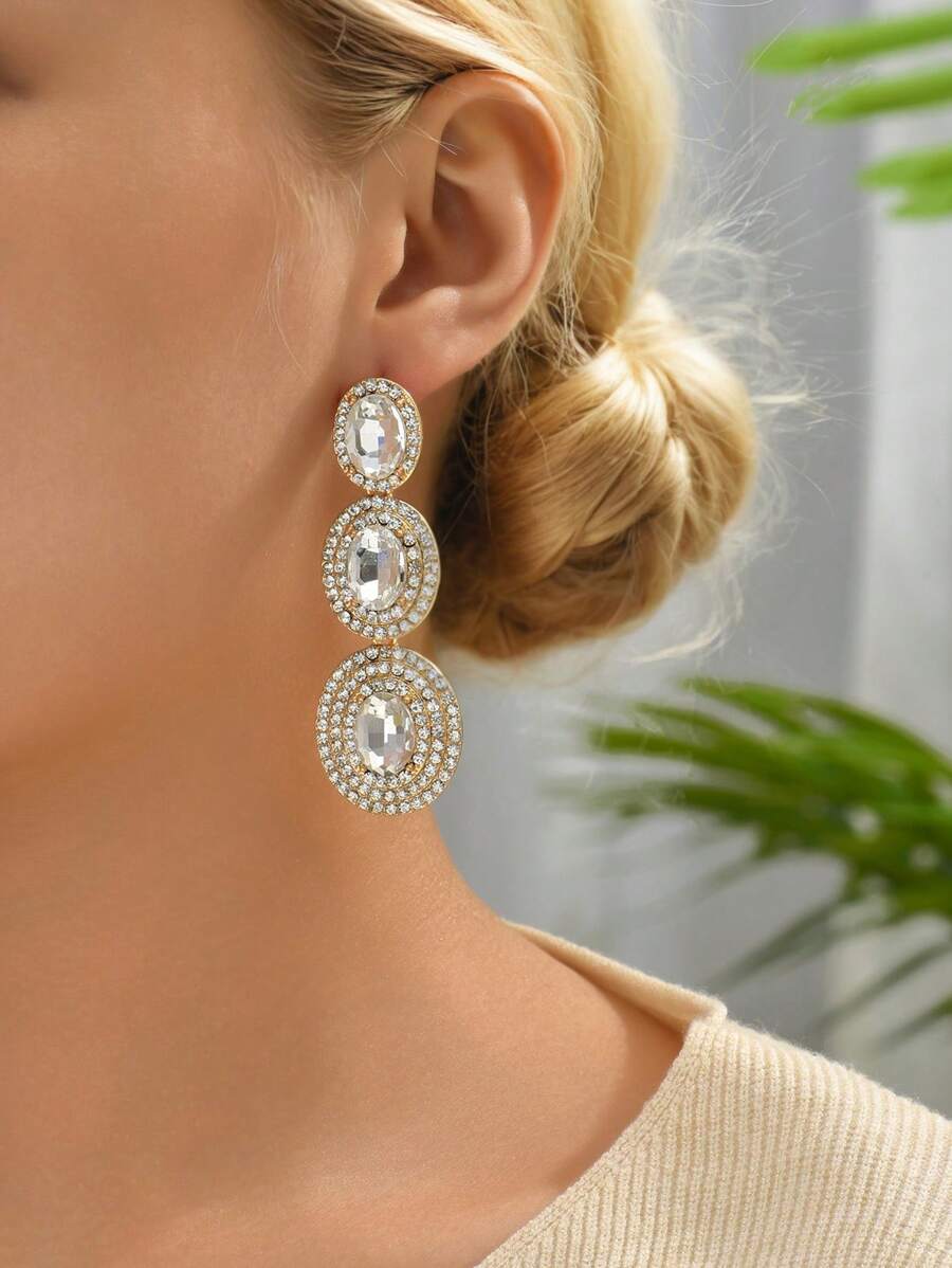 1 对奢华闪亮水钻多层几何长吊坠耳环女士华丽优雅婚礼派对舞会耳环女士珠宝 - 彩色 - 查看 1