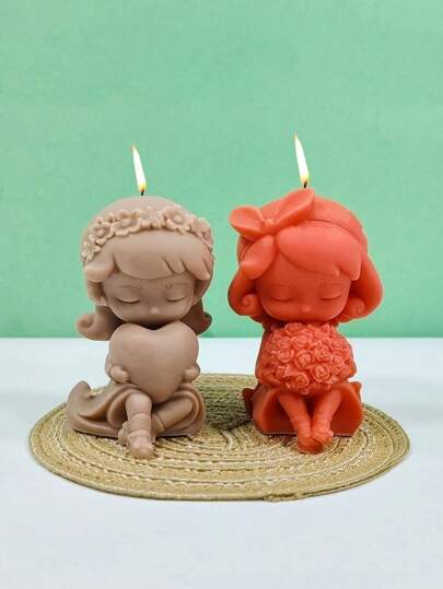 2pcs/Set 3D Rose Heart-Shape Girl Candle Silicone Mold DIY Little Girl Pray Sitting Princess Ornaments Handmade Scented Candle Gypsum Resin Mold Valentine's Day Home Decor Gift