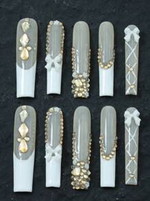 10 件手工假指甲按压指甲、长棺材指甲、婚礼指甲、白色情人节指甲、亚克力指甲套装 3D 水钻闪光人造宝石、心形、Y2K、Xxoo、法式尖头指甲设计美甲适合日常佩戴 DIY 美容礼物 - 彩色 - 查看 13