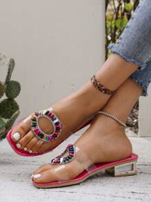 1 par de sandalias transparentes especiales de verano para niños con suela antideslizante, estilo princesa rosa de moda con cuentas de colores, chanclas planas para niñas de 3 a 12 años, para interiores, exteriores, ocio y vacaciones