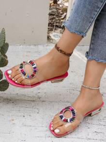 1 par de sandalias transparentes especiales de verano para niños con suela antideslizante, estilo princesa rosa de moda con cuentas de colores, chanclas planas para niñas de 3 a 12 años, para interiores, exteriores, ocio y vacaciones