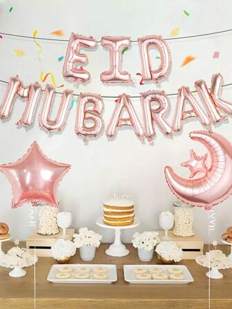 12 st roséguld EID MUBARAK bokstavsballonger, roséguldstjärnor & halvmåneballonger, lämplig för Eid-dekor, Ramadan-dekor, Eid Mubarak-dekoration, hemfestdekor