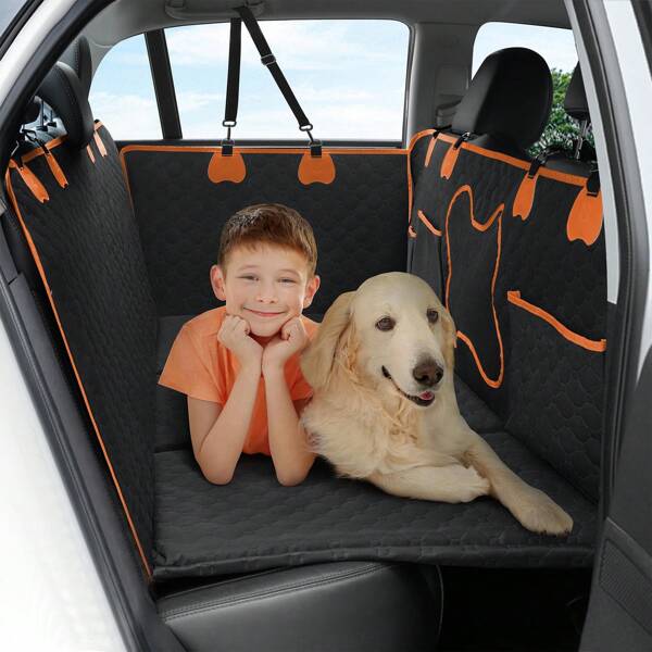 1 pieza Funda para asiento de carro para mascotas 100% impermeable, extra larga y de alta resistencia, multifuncional y fácil de limpiar, con base antideslizante y plegable, con protección para el asiento trasero y múltiples bolsillos, apto para perros pequeños/medianos/grandes y diversas mascotas