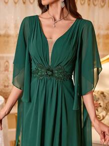 SUPGIR 深 V 领荷叶边袖奢华亮片拼接装饰下摆开叉下摆优雅晚礼服、派对礼服、长袍、正式礼服、婚礼宾客礼服 - 墨綠色 - 查看 6