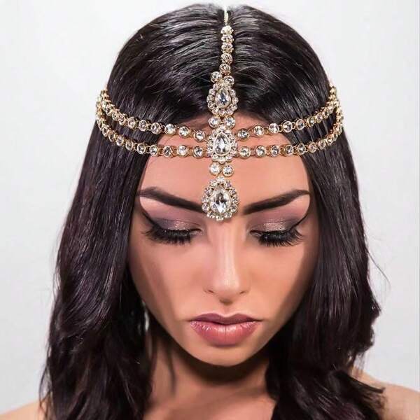 1 pièce Parure de tête bohème avec strass, diadème de mariée doré avec franges en cristal sur le front, motif nœud papillon et diamant, style bohème décontracté en cuivre