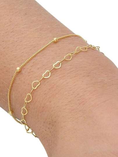 KIT 2 Pulseira  Bolinha e  Pulseira feminina corações Banhada a Ouro 18K a PRATA 925