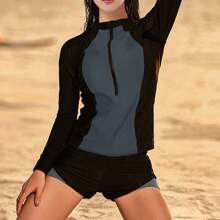 Bañador Mujer Split Protección Solar Secado Rápido Surf, Traje De Baño Deportivo Mujer Natación,Traje De Baño Con Manga Larga Mujer Protec Uv - negro y gris - Ver 7