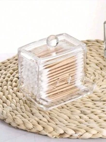 3/1pc Acrylic Qtip Holder With Bamboo Lid, Clear Small Swab Dispenser, Plastic Ear Stick Swabs Holder, Toothpick Storage Container, Bathroom Countertop Decorative Storage Organizer