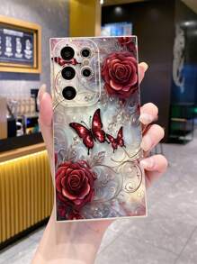 1pc Rose Butterfly Anti-Knock Phone Case Compatible With IPhone/Galaxy/Infinix/Redmi/OPPO/VIVO//Realme
