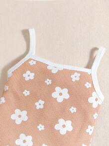 BrownBark 女婴两件套，花卉印花无袖连身衣 + 短裤，适合户外活动的休闲日常装，春夏 - 杏色 - 查看 5