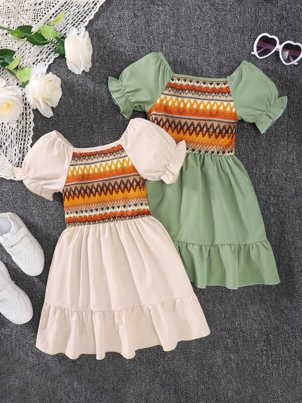 2pcs Girls Contrast Color Dress Set With Short Sleeve Top And Skirt, Casual Princess Style, Spring/Autumn