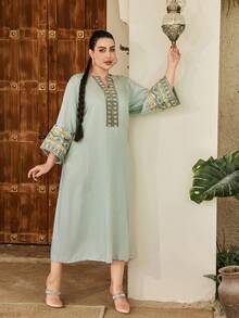 ASBB Heavy Embellished Gold Sequin Embroidered Arabic Women's JALABIYA V-Neck Green Elegant Dress, 2026 Autumn Holiday Party Vacation Casual Outfit, Saudi National Day Outfit - Green - View 7