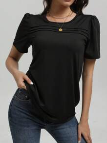 Speed mate Women's Short Sleeve T-Shirts Dressy Casual Blouses, Flowy Pleated Front Scoop Neck, Spring Summer Outfits - Black - View 3