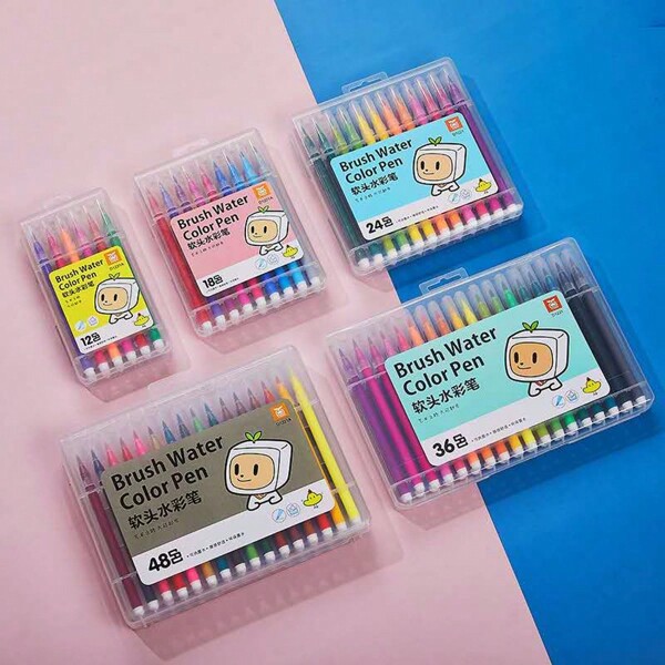 [Best verkochte nieuwe product] Professionele set zachte, afwasbare aquarelpennen - 12 kleuren/24 kleuren/36 kleuren, felle kleuren, essentieel voor kindertekeningen en graffiti-notitieboeken, snel drogend, langdurig, geschikt voor het maken van schrijfontwerpen, met een transparante, draagbare opbergdoos voor terug naar school