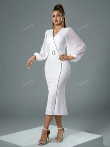 Fuaheng V-hals lantaarnmouw strass decor taille versmallende witte nauwsluitende jurk, feestjurk, bruiloftsgastjurk, formele jurk, avondjurk