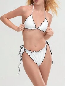 Women's 2 Piece Swimsuits Contrast Stitch/Plaid Print Bikini Set Summer High Cut Two Piece Bathing Suits - White - View 6