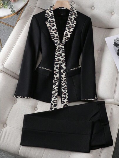 Women's Fashion Lace-Up Leopard Pattern Patchwork Suit Set