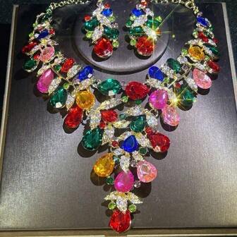 奢华女士珠宝套装，项链和耳环 3 件，适合新娘、婚礼、宴会、正式场合