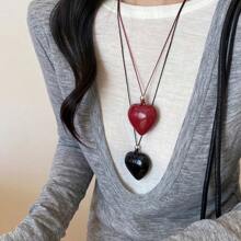 Collar con colgante de corazón rojo y cordón de cera, con corazones negros y marrones, accesorio de moda, regalo para el Día de San Valentín