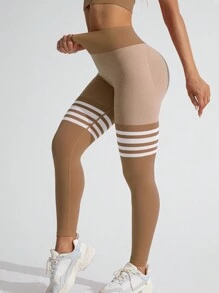 TCVC Gestreepte linnen-achtige geplooide V-taille sportlegging voor dames, zeer rekbare naadloze yogabroek voor binnen- en buitentraining, buikcontrole, perzikkleurige billen, casual en veelzijdig