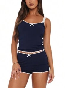 Women 2pcs Pajamas Set .Lace Trim Ribbed Stretchable Sleevelesss Camisoles With Shorts , Soft Loungewear - Màu xanh hải quân - Xem 1