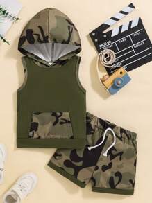 Baby Jungen Kleidung Jungen Kleidung Kapuzenpullover Ärmellose Weste + Shorts 6M-3J Sommer Jungen Bekleidung Armeegrün, Grün (Armeegrün)