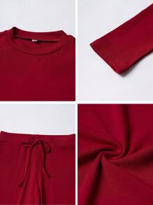 2pcs Women's Solid Color Slim Fit Long Sleeve T-Shirt And Pants Set - Màu Đỏ Sâu - Xem 10