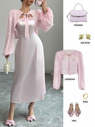 优雅派对装饰圣诞节新年聚会情人节可穿戴粉色仿珍珠系带短款上衣长袖抹胸连衣裙女式两件套