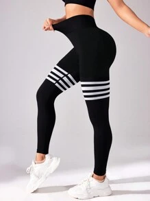 TCVC Gestreepte linnen-achtige geplooide V-taille sportlegging voor dames, zeer rekbare naadloze yogabroek voor binnen- en buitentraining, buikcontrole, perzikkleurige billen, casual en veelzijdig